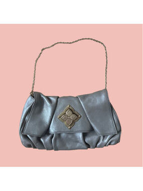 BCBG Max Azria Grey Leather Clutch Chain Bag – Ruched Gold Detail